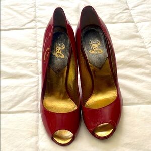Dolce & Gabbana Red Peep Toe Pumps with Metallic Trim
